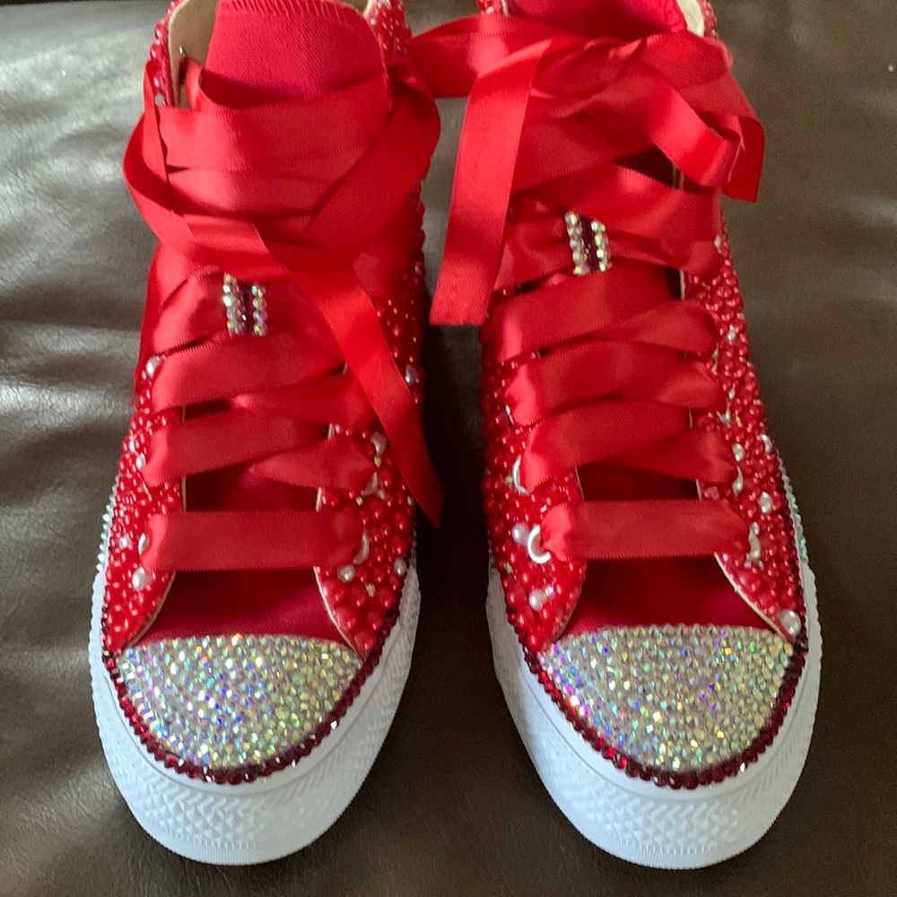 Converse red and white pearl and bling